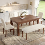 Merax 6-Piece Dining Set, Rectangle Kitchen Table with 4 Upholstered Chairs & Bench, Ideal for Dining Room and Living Room, Walnut