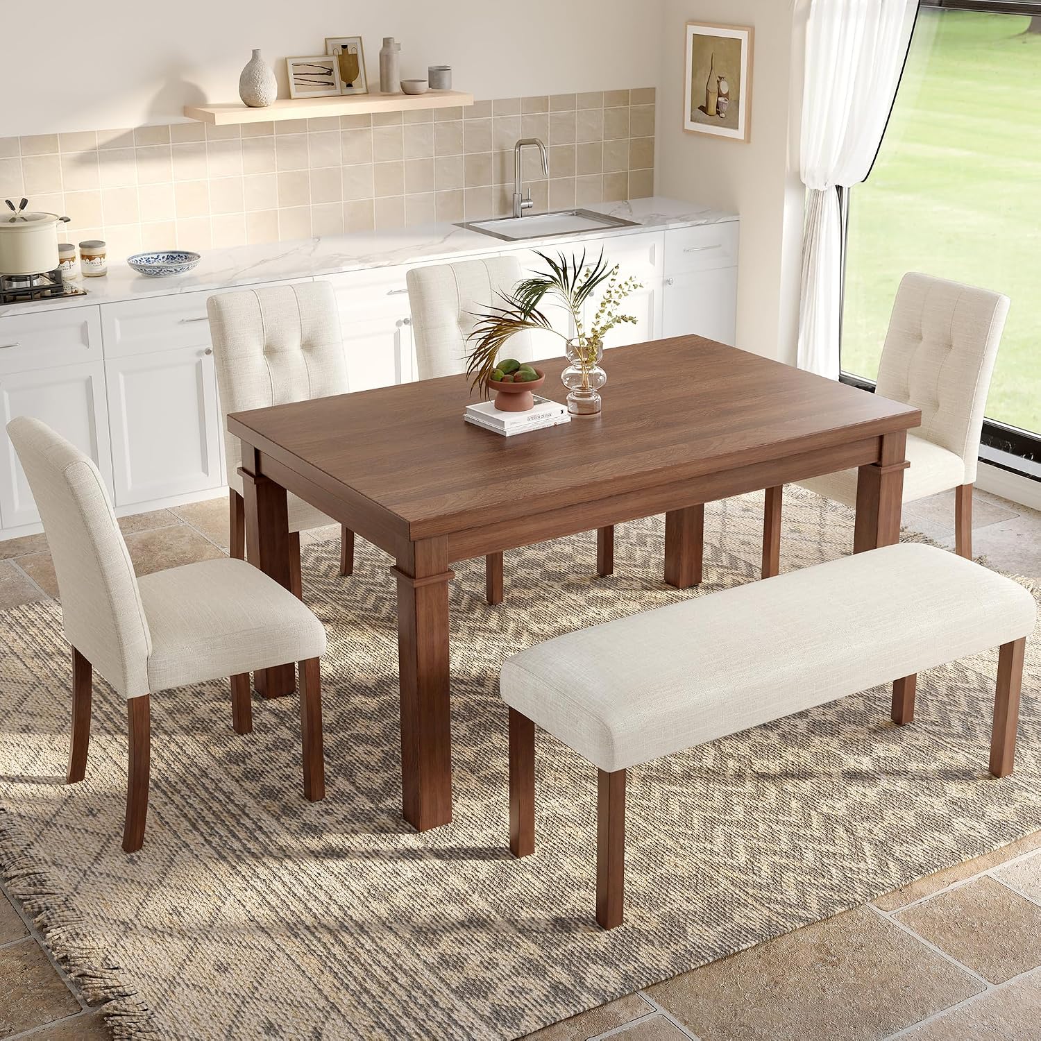 Merax 6-Piece Dining Set, Rectangle Kitchen Table with 4 Upholstered Chairs & Bench, Ideal for Dining Room and Living Room, Walnut