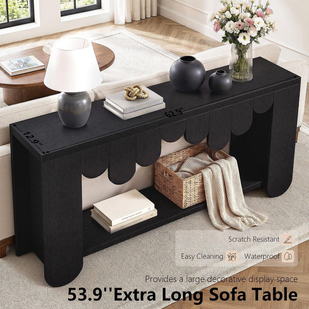 IBF Black Oak Console Table, 63” Long Wood Entryway Table with Storage | 2-Tier Modern Sofa Table Behind Couch for Home Living Room, Rectangular Entry Table for Hallway Entrance Foyer Front Door