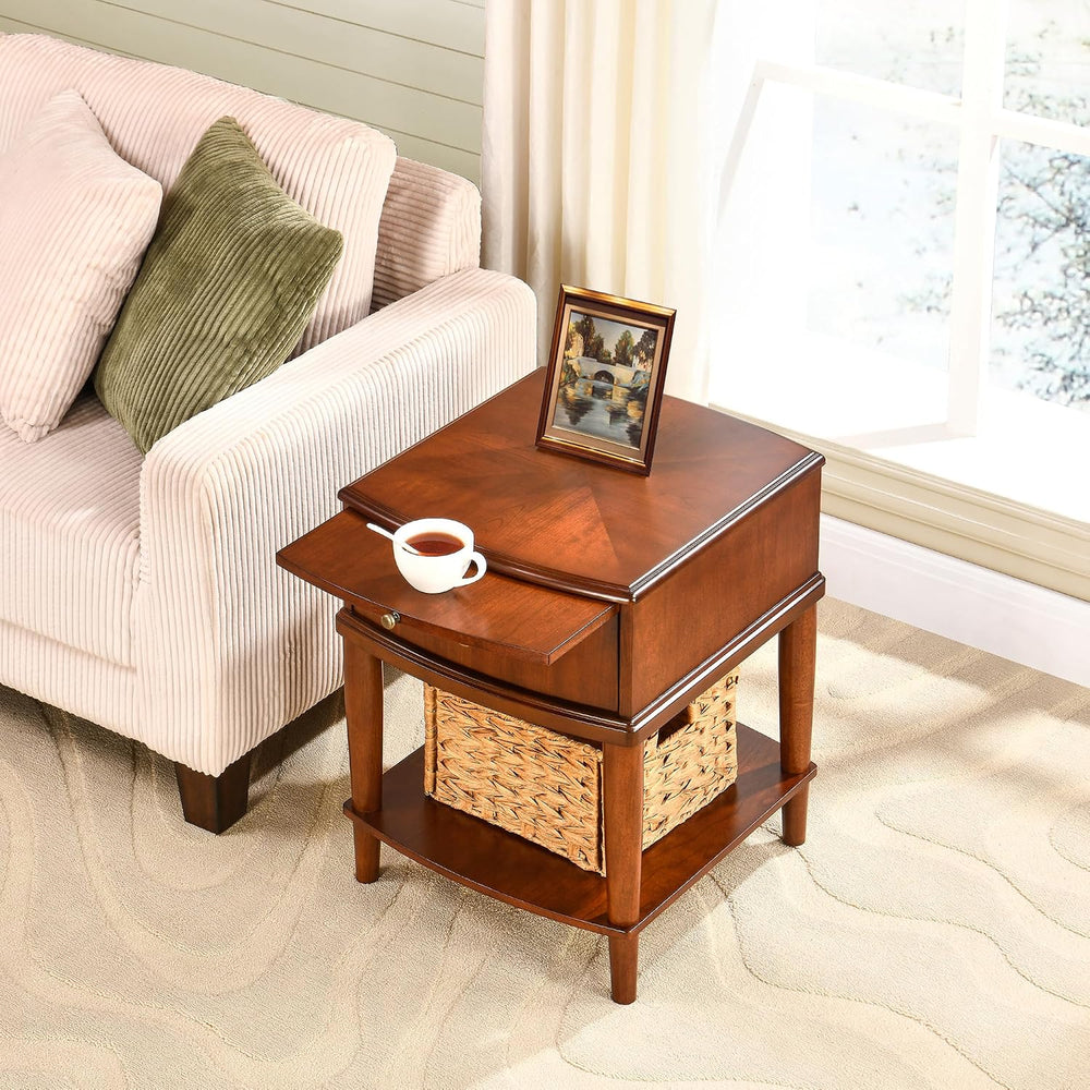 2 Tier Solid Wood Square End Table with Drawer, Wooden Sofa Side Table with P...