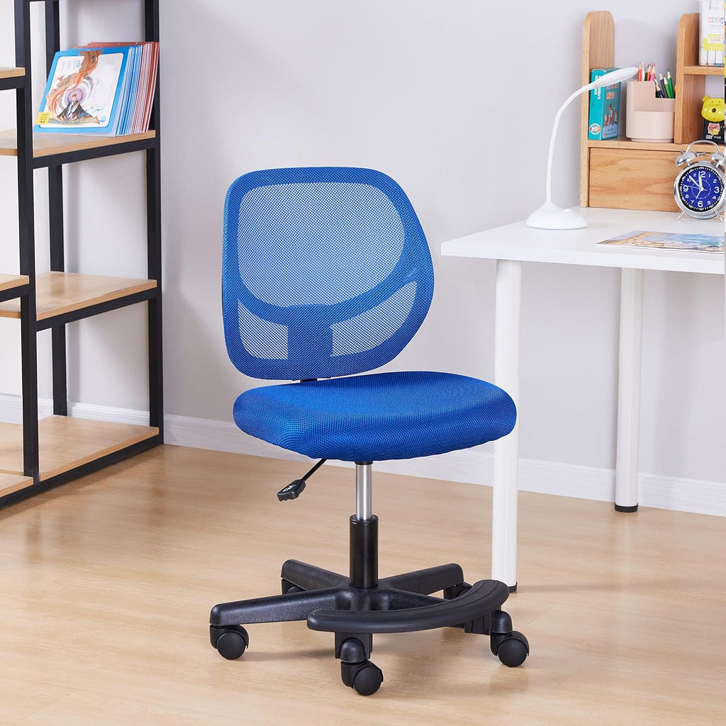Amazon Basics Kids Adjustable Height Mesh Low-Back Swivel Desk Chair with Footrest, Rolling Study Chair, Armless, Blue