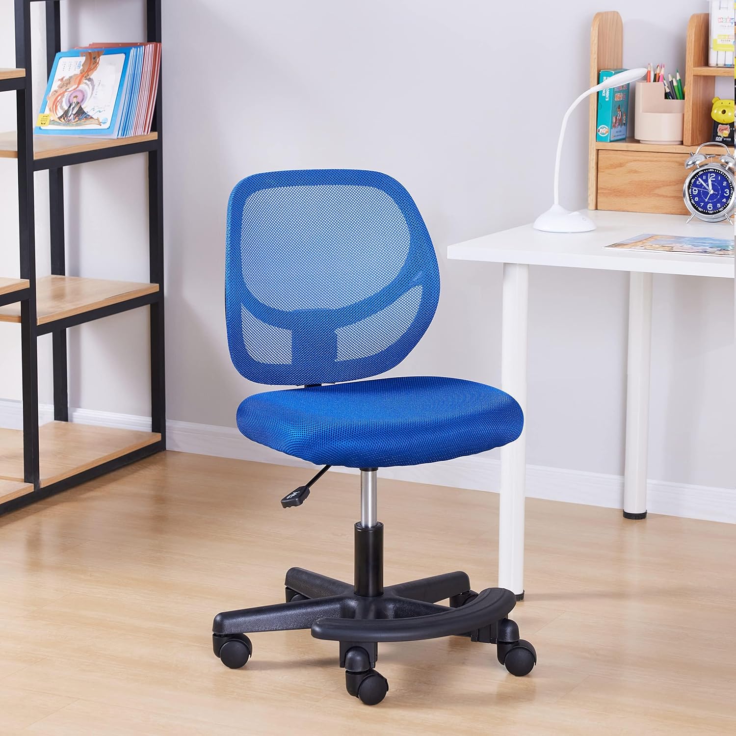 Amazon Basics Kids Adjustable Height Mesh Low-Back Swivel Desk Chair with Footrest, Rolling Study Chair, Armless, Blue