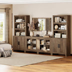 WAMPAT Entertainment Center with Bookshelves, 4-Piece Modular TV Stand with Storage Towers, Farmhouse Media Console with Glass Doors for Living Room, Bedroom, Brown