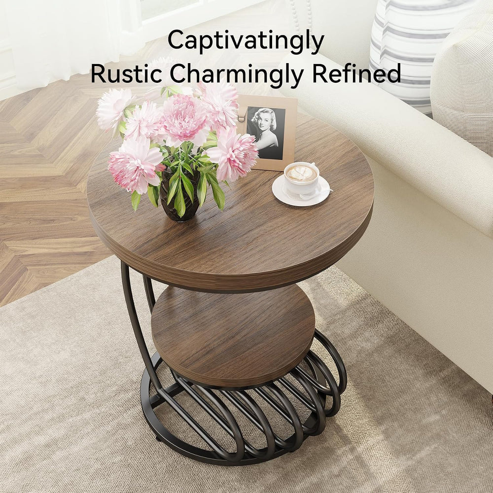 LITTLE TREE Round Side Table, Wood End Table with 2-Tier Storage Shelf, Accen...