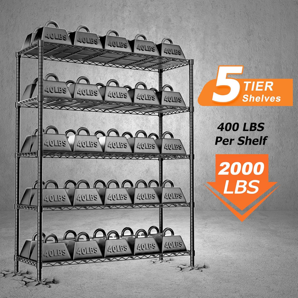 Storage Shelves Heavy Duty with Wheels,48"L x 20"W x 72"H Garage Wire Shelving Unit Loads 2000LBS,5-tier Adjustable Metal Industrial Utility Shelf Rack for Kitchen,Laundry,Pantry,Warehouse,Basement