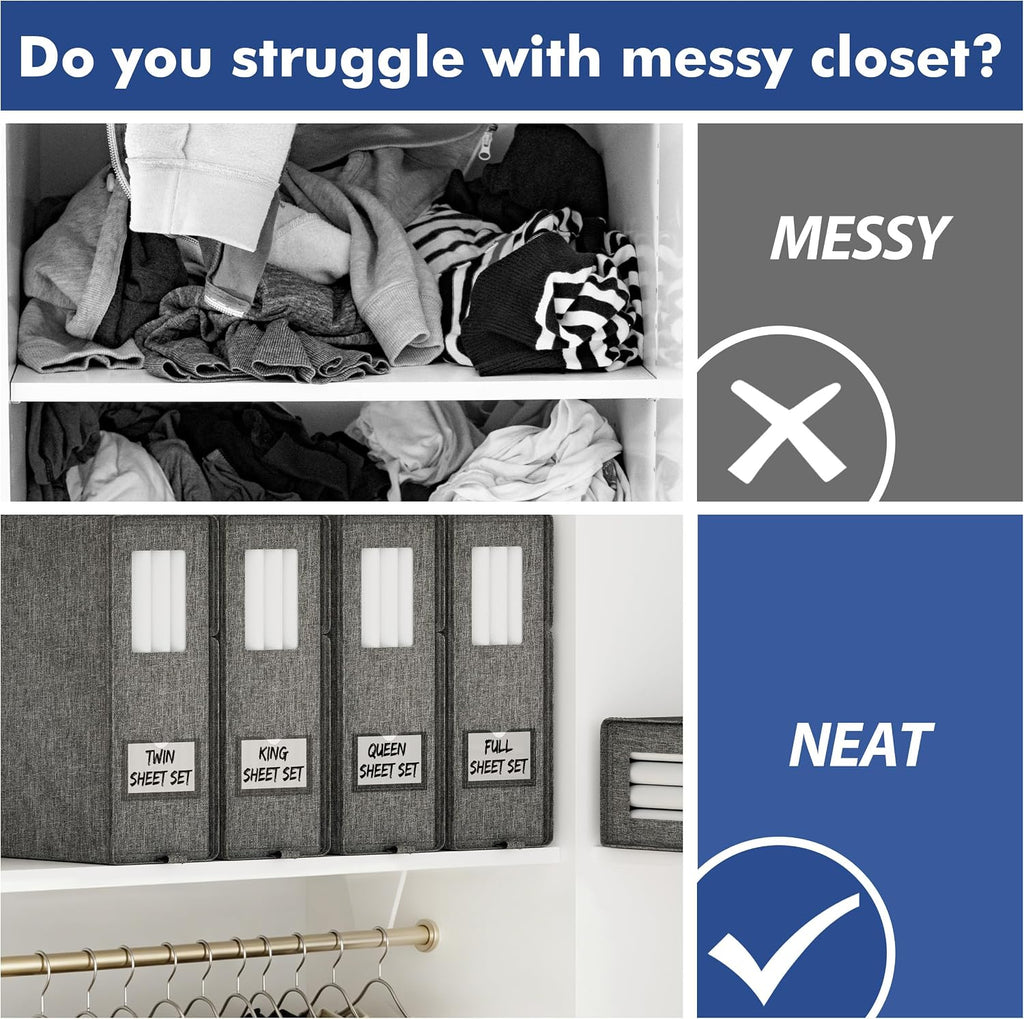 Furnhome Bed Sheet Organizers and Storage 3 Pack, Foldable Linen Closet Organizer Box with Clear Window, Labels & Reinforced Handles, Stackable Space Saving Bedding Storage for King Queen Sheet Set