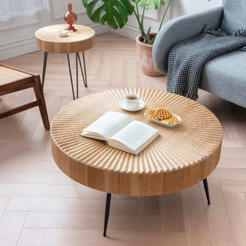 2-Piece Farmhouse Nesting Table Round | with Handcrafted Wood Radial Pattern,...