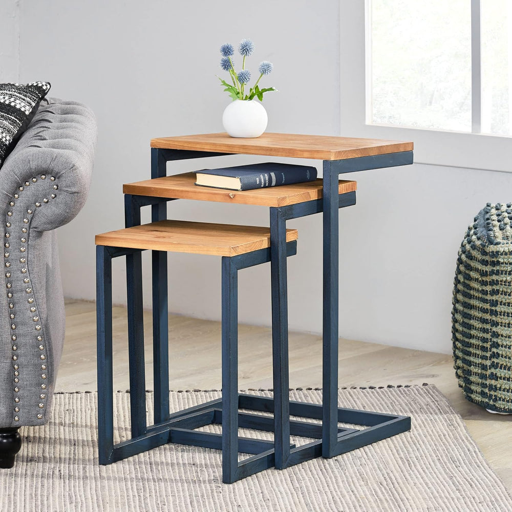 Savannah Fir Wood and Iron Nesting Side Tables (Set of 3) - Antique Brown
