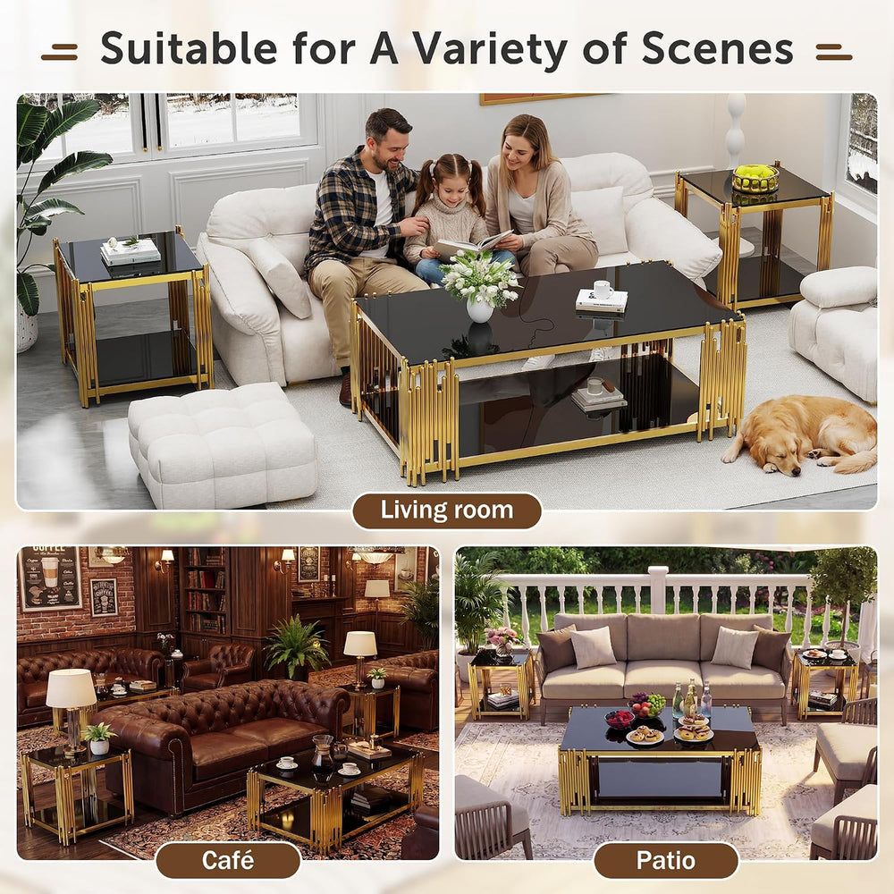 Glass Coffee Table Set of 3, End Table Modern Living Room Table Rectangle Cle...