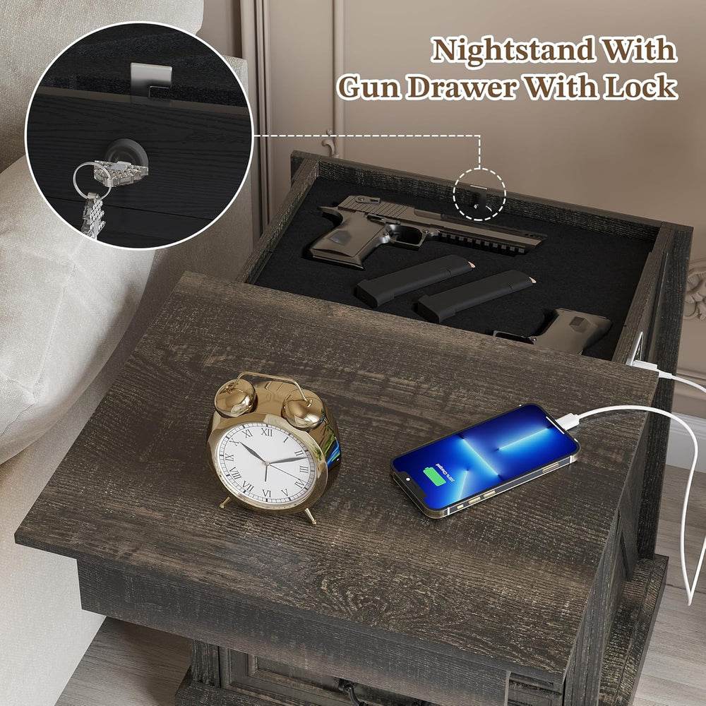 Nightstand Set 2 with Gun Drawer, Farmhouse Night Stand with LED Lights and H...