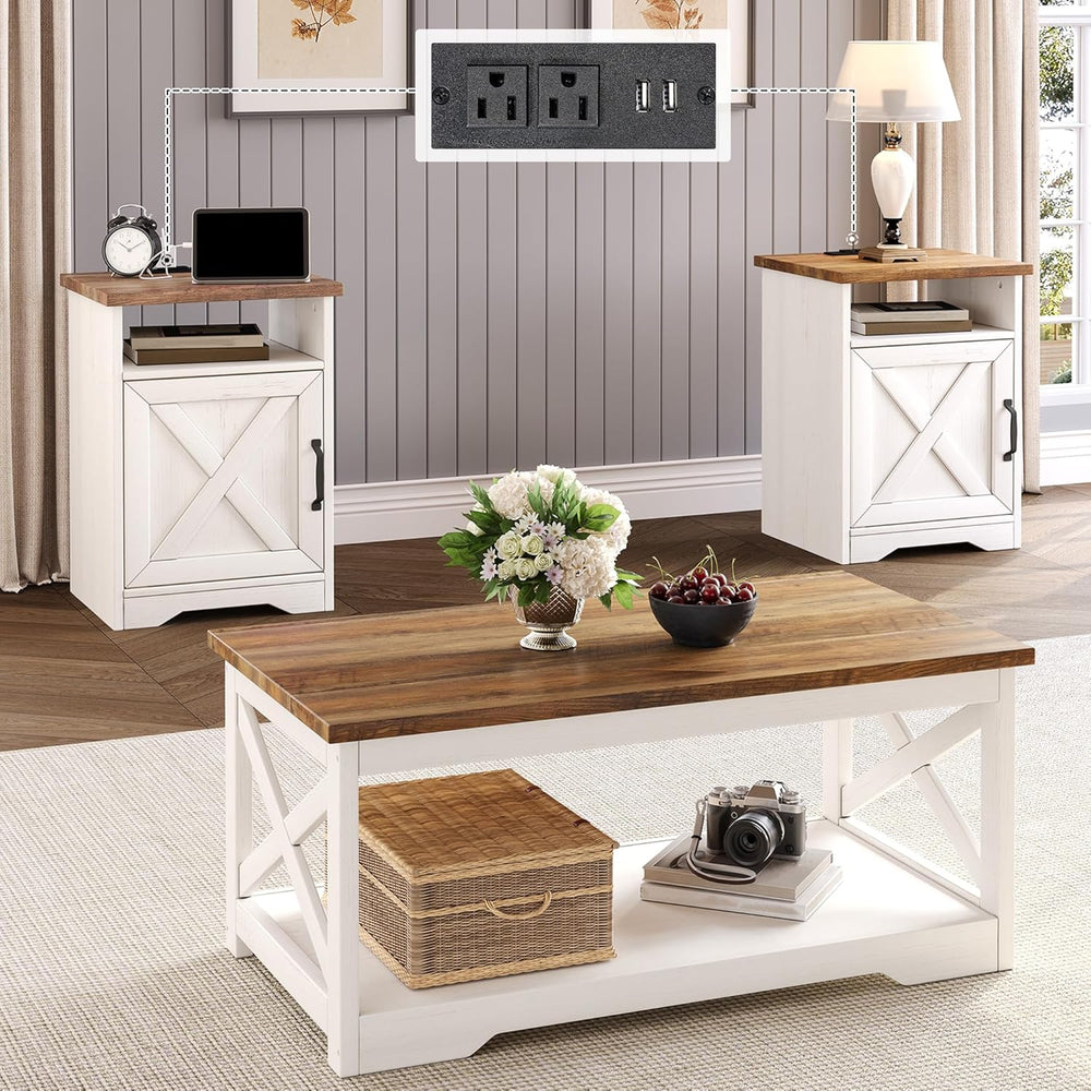 LUXOAK 3 Piece Living Room Table Set with Barn Door, Distressed White | Inclu...