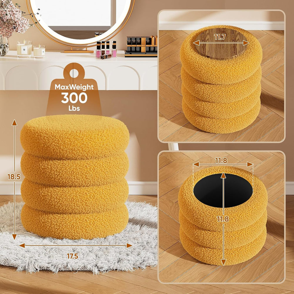 Soft Teddy Round Ottoman with Tray, 17.5 Inches Ottoman Coffee Table with Sto...
