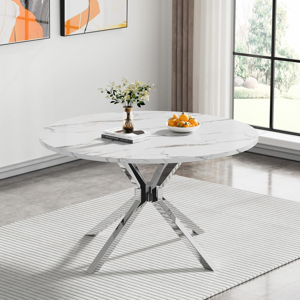 47" Round Faux Marble Dining Table for 4-6, Modern White Marble Top Kitc...