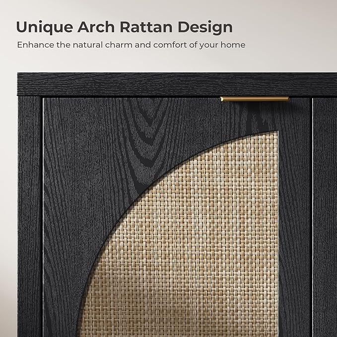 SICOTAS Rattan Sideboard Buffet Cabinet with Storage, Modern Credenza Storage Cabinet with Arch Doors & Adjustable Shelves, Coffee Bar Media Console Cabinets for Kitchen Living Room Entryway, Black