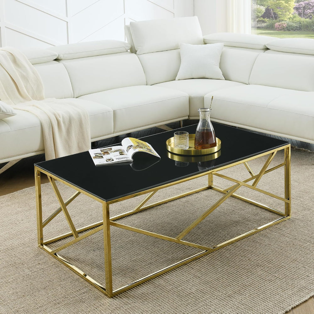 Modern Rectangular Coffee Accent Table with Black Tempered Glass Top and Stai...