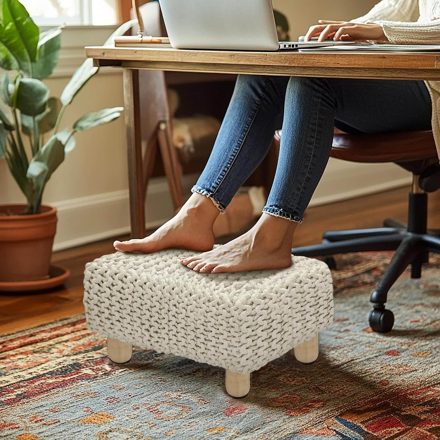 COTTON CRAFT Braided Footrest - Handknitted Dori Foot Stool with Sturdy Wood Legs – Handmade Boho Leg Rest - Small Spaces Under Desk Living Room Entryway Low Footstool Pouf - 16.5x12x9.5 - Ivory