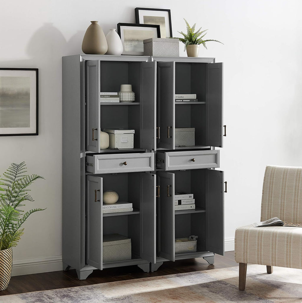 Crosley Furniture Tara 2-Piece Pantry Storage Cabinet Set with Shelves, Kitchen, Dining, or Laundry Room, Distressed Gray