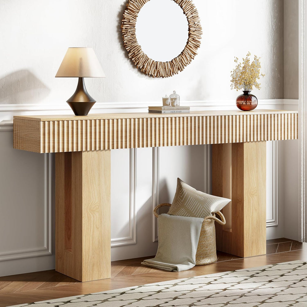 63-Inch Long Entryway Console Table with a Fluted Design, Thick Wood Farmhous...