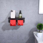 LANC Double Toilet Paper Holder with Shelf, Matte Black Commercial Roll Tissue Dispenser with Phone Shelf for Bathroom Wall Mounted or 3M Self-Adhesive Stainless Steel Storage, A8377MB