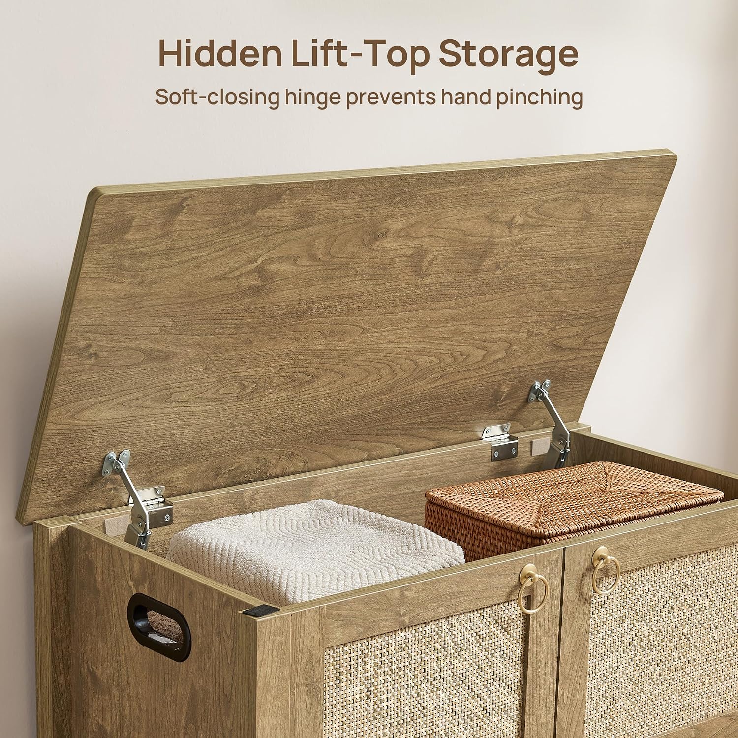 SICOTAS Rattan Storage Bench Boho Storage Chest with 2 Safety Hinges | Wood Storage Truck Box for Bedroom, Living Room, Entryway, Supports 220 lb