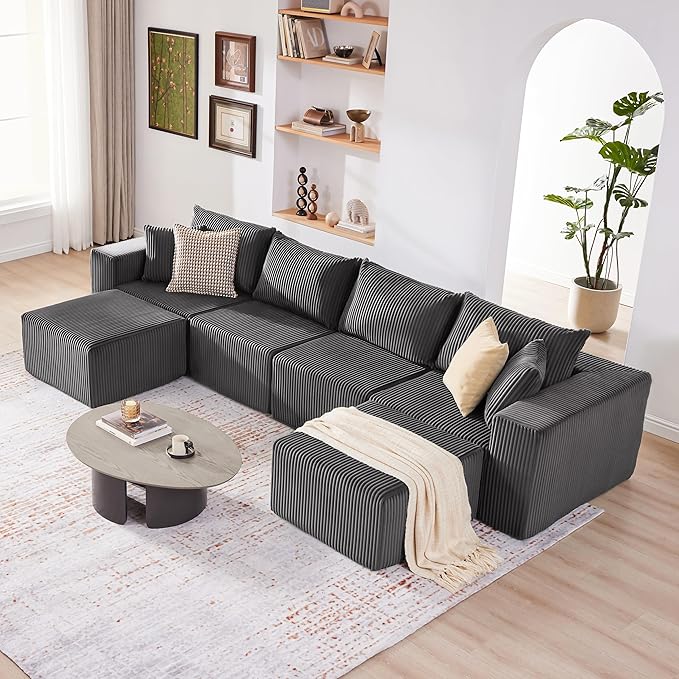 135.4" Cloud Couch Sectional, Modular Sectional Sofa with Deep Seat, Plush Corduroy U Shaped Boneless Couch, Convertible Sectional Couches for Living Room, 6Seat, Grey
