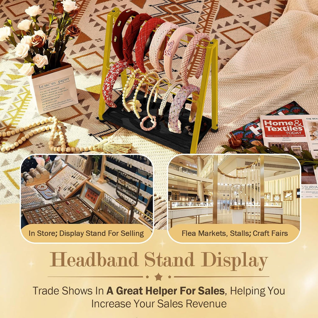 Headband Holder Organizer Metal 2-Tier Display Stand for Selling, Home Bedroom Headband Storage for Girls Women, Headband Stand Wood Base Can Store Hair Ties