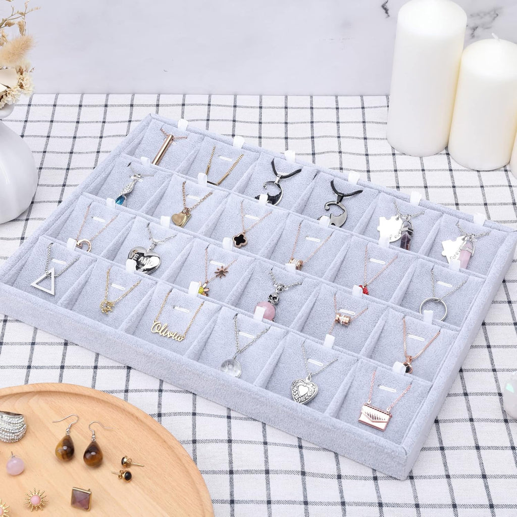 Mornajina 24 Grids Stackable Jewelry Tray Organizer with Removable Dividers, Velvet Jewelry Display Tray for Earrings Necklaces Bracelet Rings Display Showcase - Grey