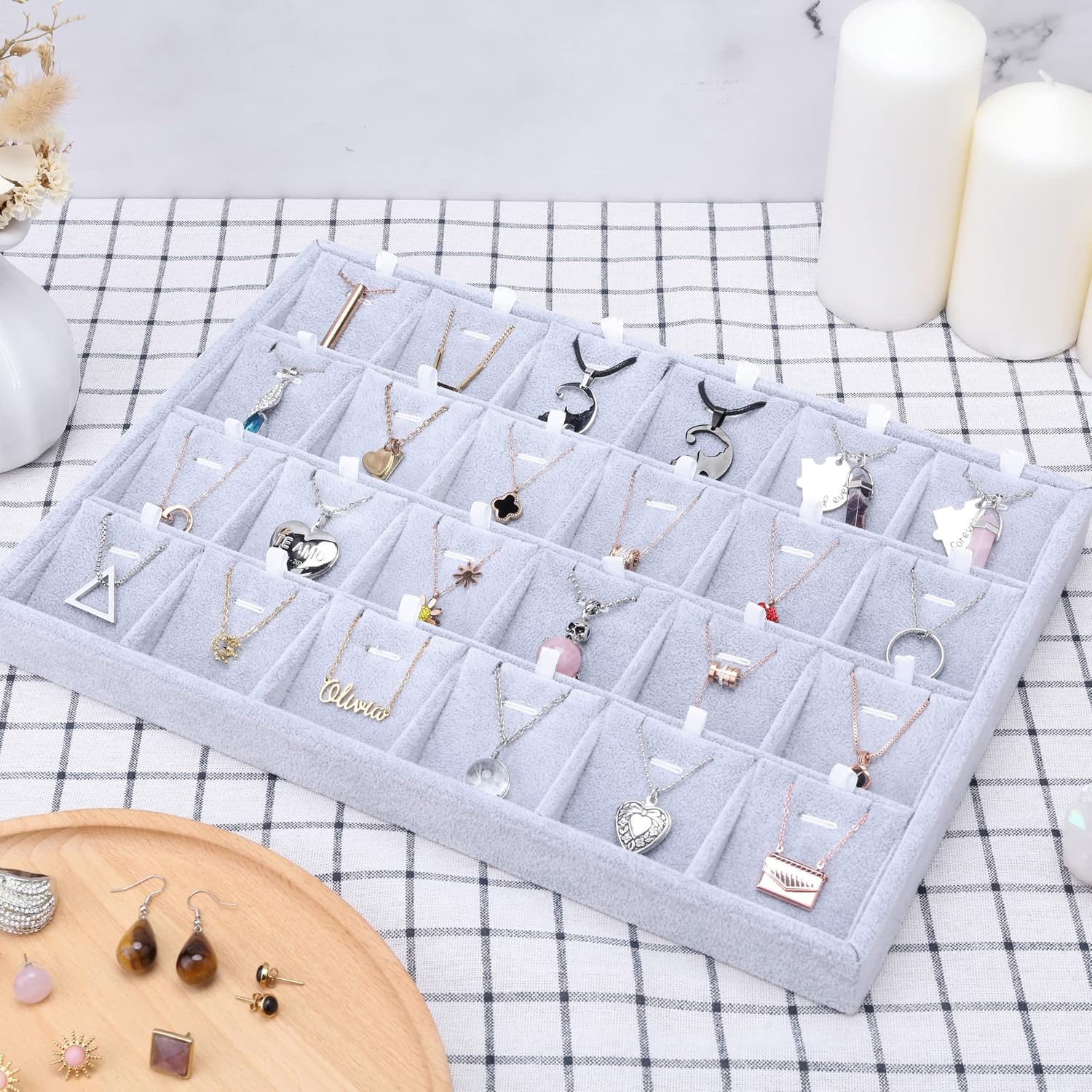 Mornajina 24 Grids Stackable Jewelry Tray Organizer with Removable Dividers, Velvet Jewelry Display Tray for Earrings Necklaces Bracelet Rings Display Showcase - Grey