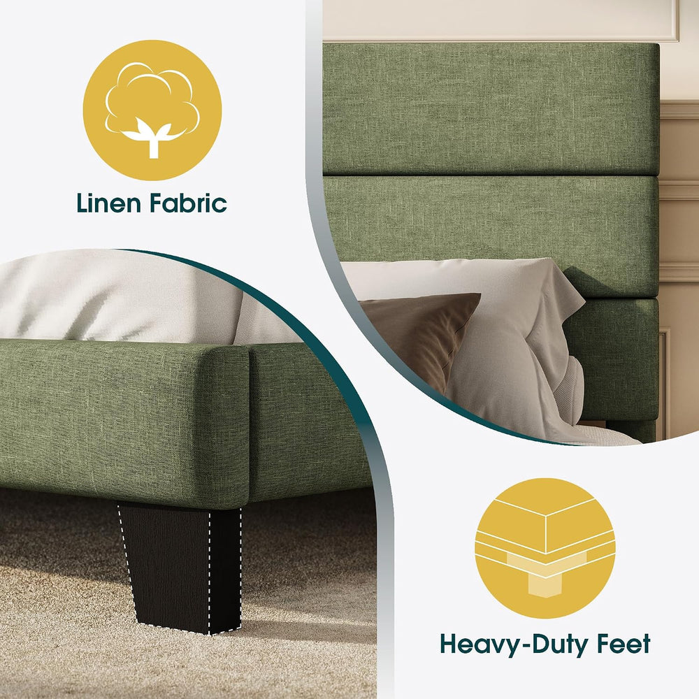 WEEWAY Full Size Fabric Bed Frame with Upholstered Headboard, Green