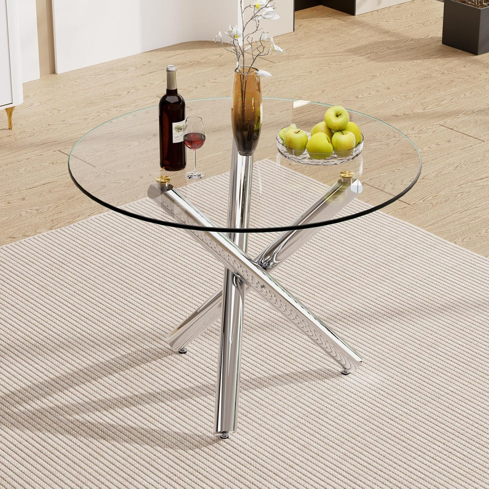 Round Glass Dining Room Table for 2-3, Modern Tempered Glass Top, Sturdy Chro...