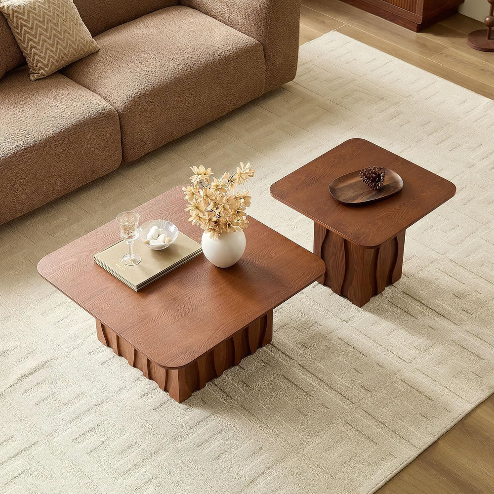 2-Piece Fluted Nesting Coffee Table with Hand-Carved Wavy Base, Mid-Century M...