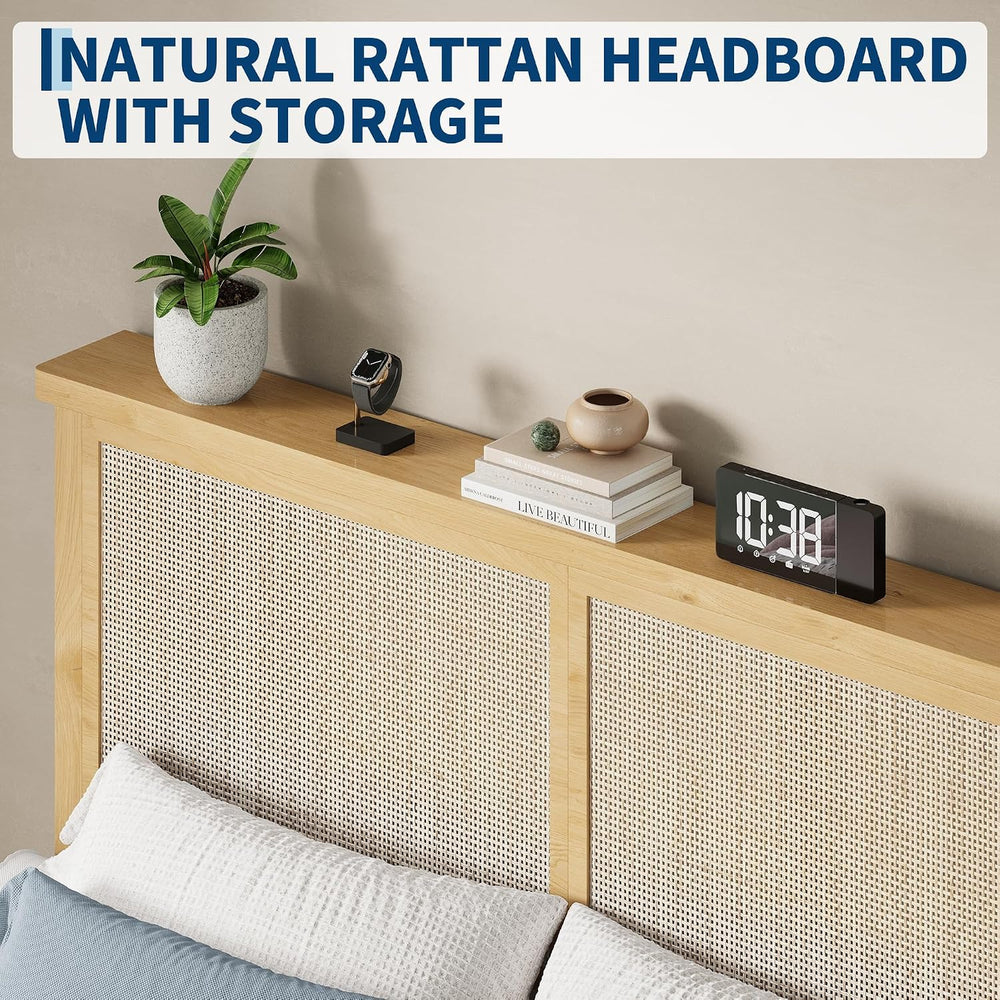 Rattan Bed Frame Full Size with Natural Rattan Headboard & LED Lights