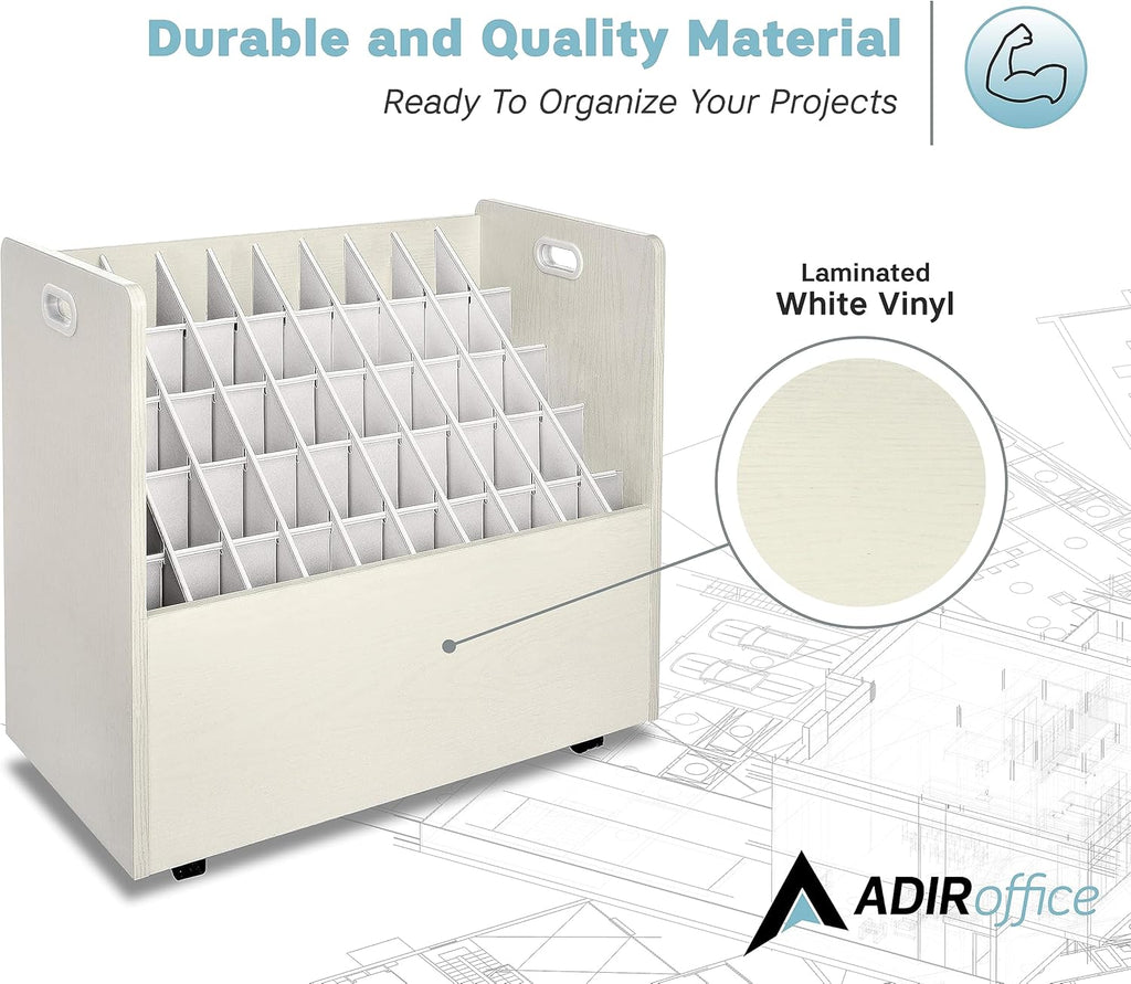 AdirOffice Adir Blue Print Storage Organizer - Mobile Roll File Cart, Construction Plan Holders, Blueprint Cabinet with Wheels, Roll Files Storage for Office and Home (50 Slots, White)