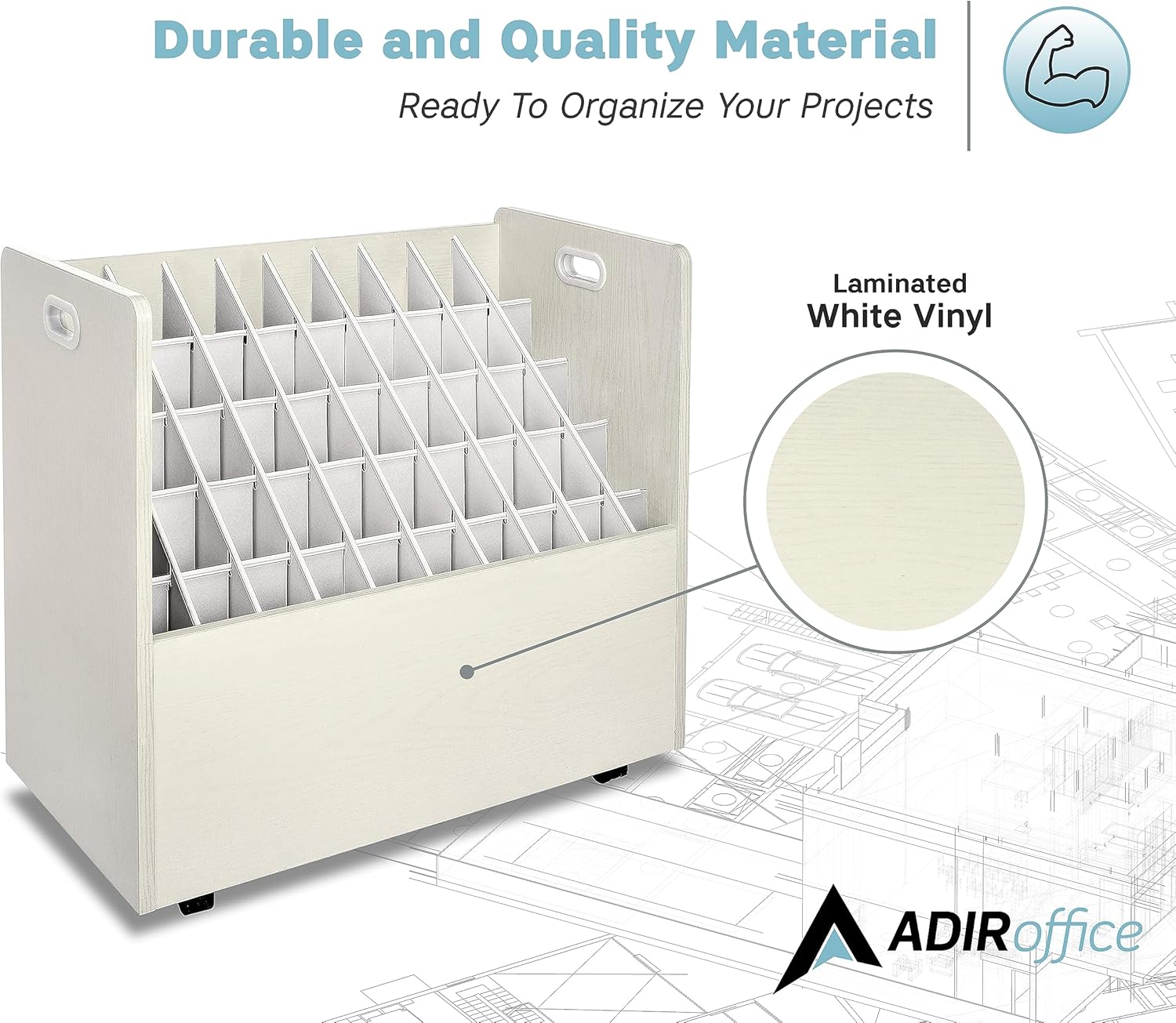 AdirOffice Adir Blue Print Storage Organizer - Mobile Roll File Cart, Construction Plan Holders, Blueprint Cabinet with Wheels, Roll Files Storage for Office and Home (50 Slots, White)