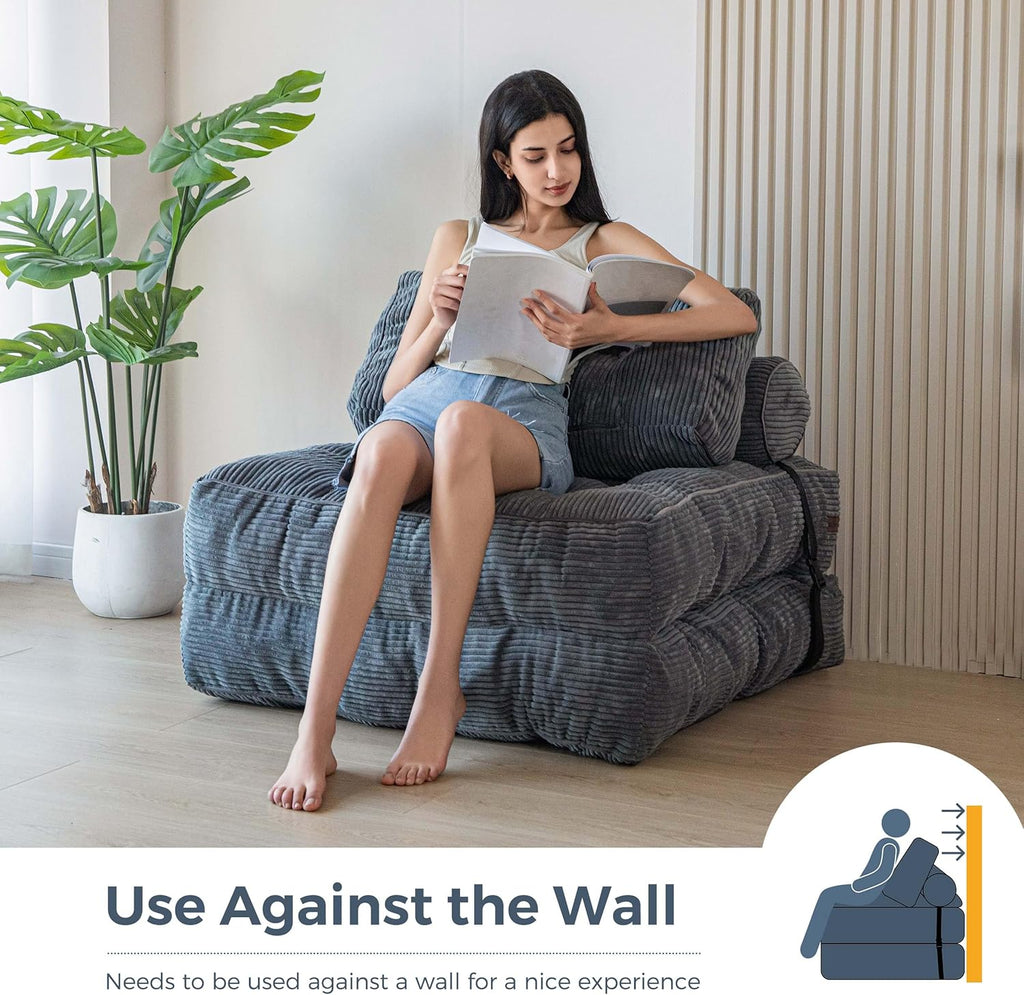 MAXYOYO Folding Sofa Bed, Convertible Chair with Pillow Foldable Couch with Back Support, Portable Fold Out Chair Bed Comfy Floor Sofa Lounge for Living Room Bedroom, Dark Grey, Single