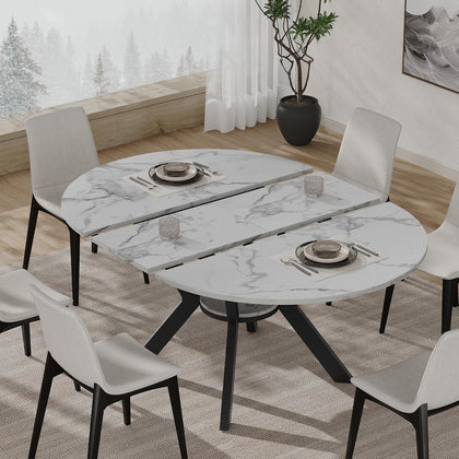 42"-58" Round Extendable Dining Table for 4-6, Kitchen Oval Table with Hidden Leaves & Storage Shelf, Space Saving Modern Design with Sturdy Metal Legs for Kitchen, Dining Room & Small Apartments