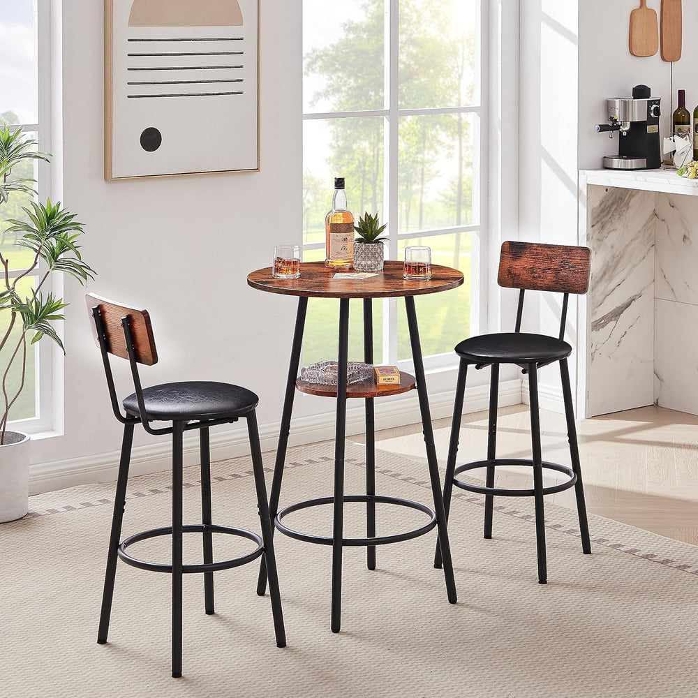 23.6" 3 Piece Round Bar Table and Chair Set with Shelf Rustic Brown | Ru...