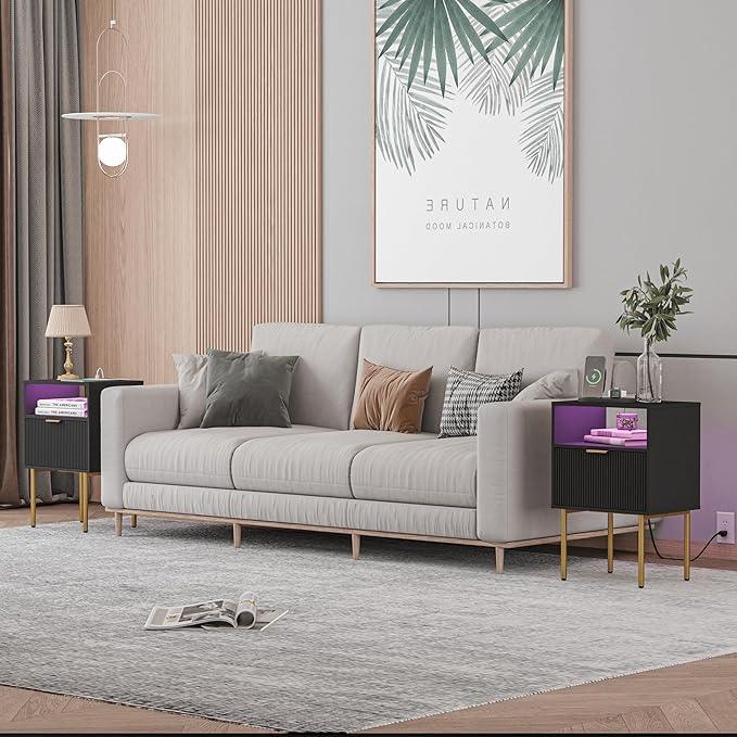 Modern Nightstand with Charging Station and LED Lights, Black Nightstand with...