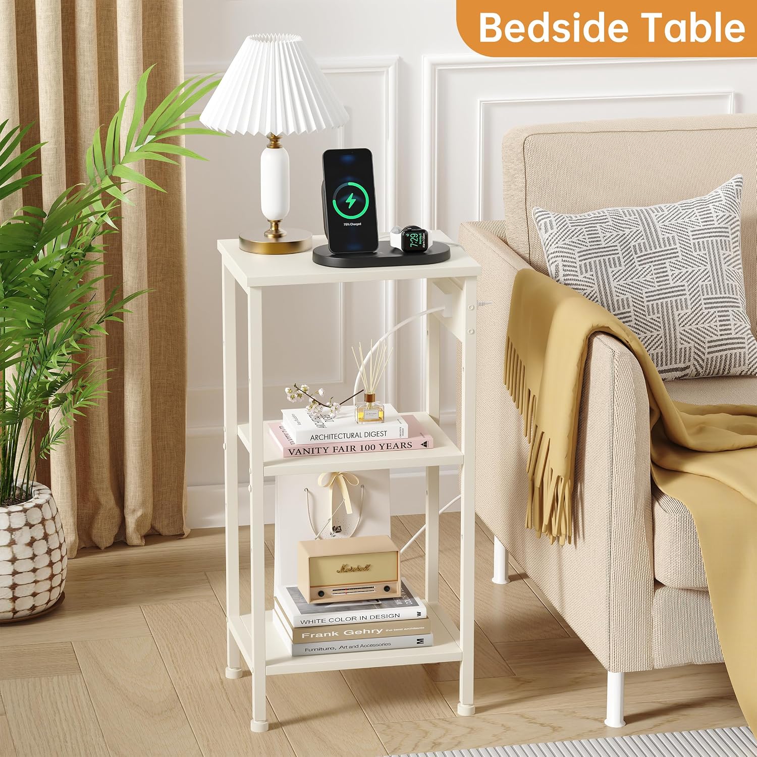 Asgolion Tall End Table with Charging Station, Narrow Tall Side Table | 3 Tier Narrow Tall Nightstand with Storage, Slim Tall Bedside Table for Bedroom, Living Room, Office, Cream White