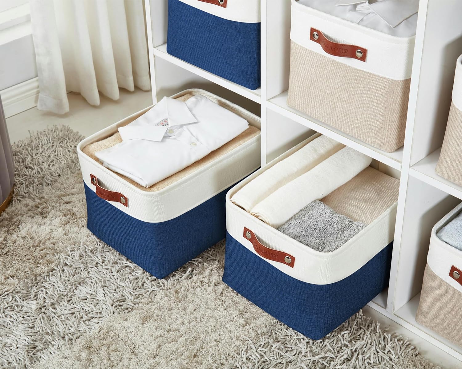 DECOMOMO Storage Baskets for Shelves - Fabric Storage Bins, Linen Closet Organizers and Storage (Navy Blue & White, Large - 4 Pack)