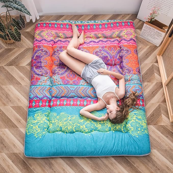 MAXYOYO Japanese Floor Mattress Futon Mattress, 4" Thicken Tatami Mat Sleeping Pad Foldable Roll Up Mat Boys Girls Dormitory Pad Kids Floor Lounger Pillow Bed, Charcoal Grey, Queen Size