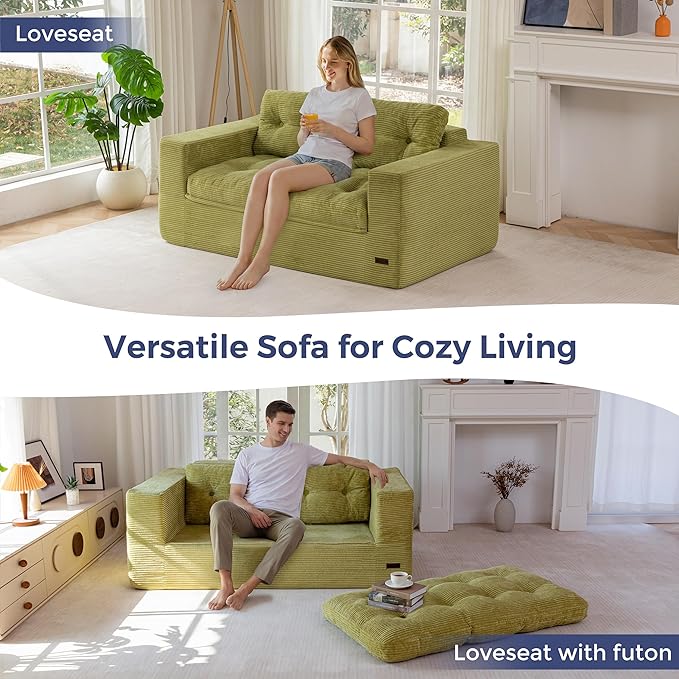 MAXYOYO 63" Loveseat Sofa Couch for Small Spaces, Upholstered Boneless Cloud Couch for Apartment Bedroom, 2-Seater Love Seat Floor Modern Sofa with Pillows, No Assembly Required, Green
