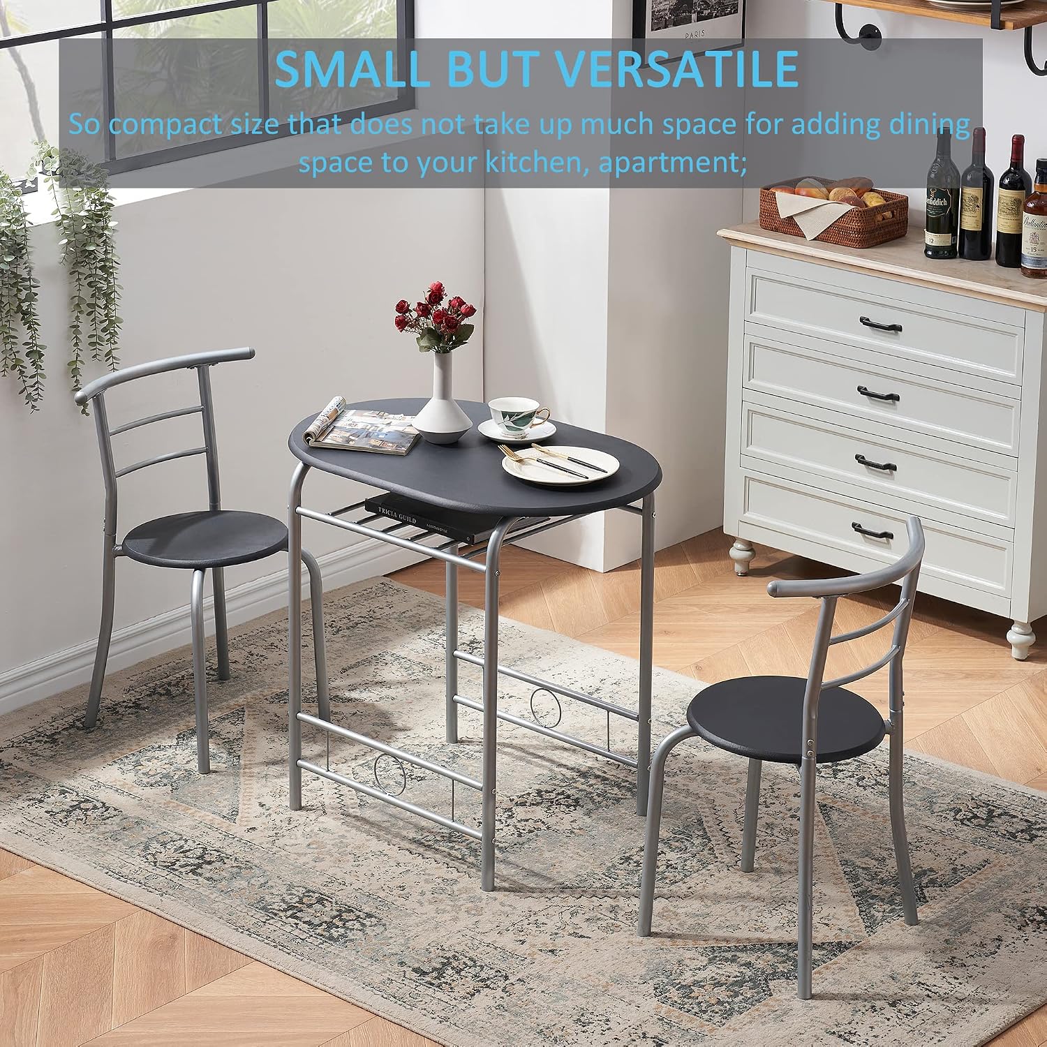 VECELO 3 Piece Wood Round Table & Chair Set for Dining Room Kitchen Bar Breakfast, with Wine Storage Rack, Space Saving, Black