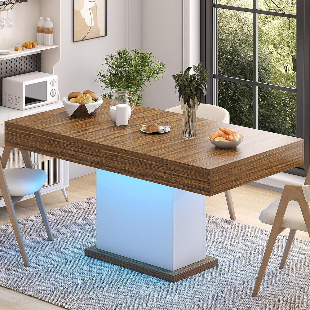 Dining Table with Drawers for 4-6 People, 55 Inches Dinner Table with Led Lig...