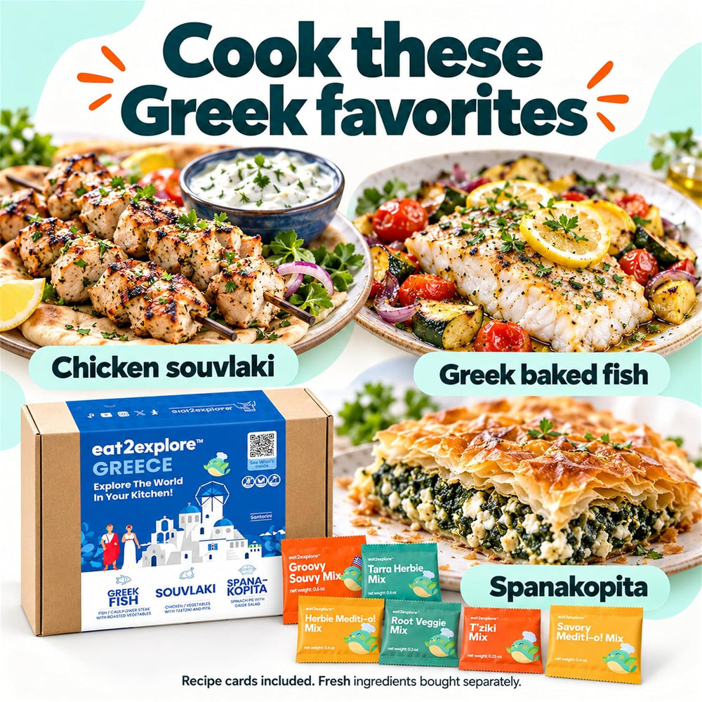 eat2explore Global Cooking Kits, Meal Gift Box for Teens & Adults, GREECE