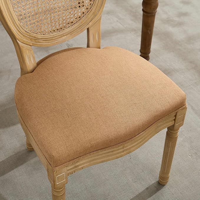 French Country Dining Chairs Set of 2,Farmhouse Upholstered Dining Room Chairs with Round Back and Solid Leg,Rattan Kitchen Chairs for Kitchen/Bedroom/Dining Room,Tan