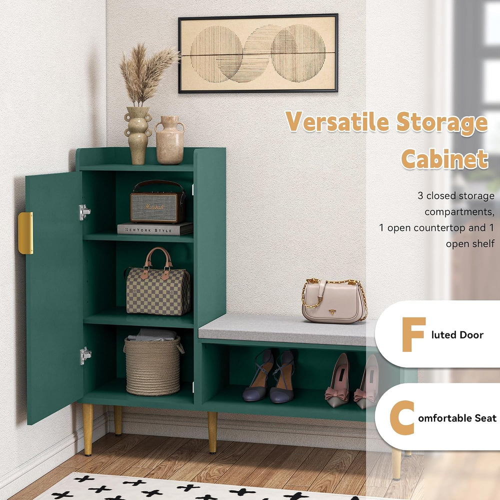 Storage Bench with Fluted Door&Shelf, Modern Entryway Bench with Padded S...
