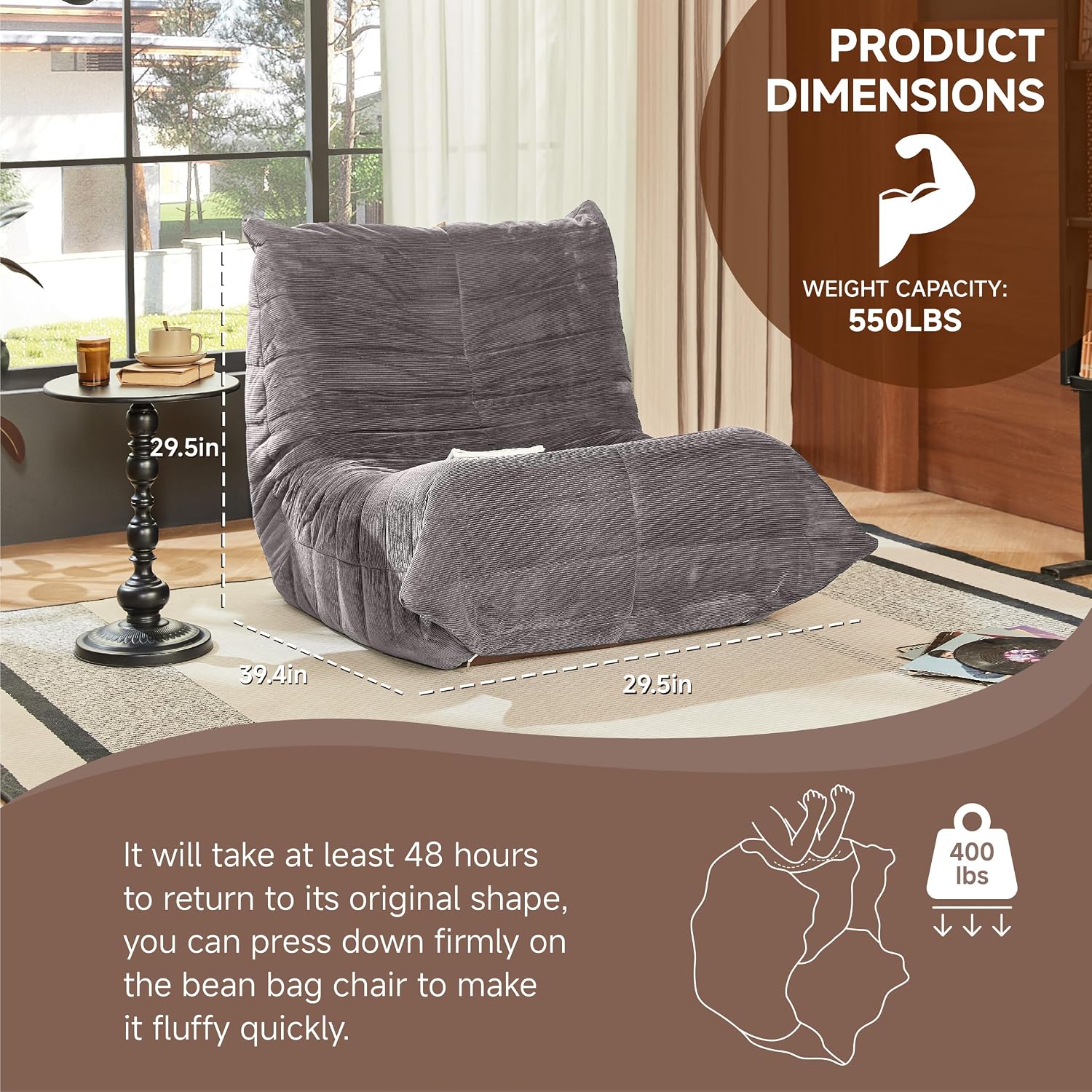 Bean Bag Chair for Adults,Bean Bag Chairs with High Density Comfortable Memory Foam,Giant Lazy Sofo Fireside Bean Bag Chair, for Living Room, Bedroom, Reading & TV (Grey)