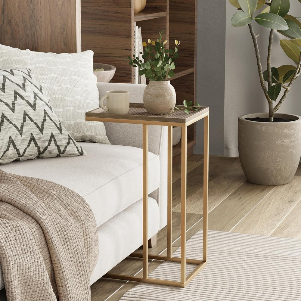 Farmhouse C Shaped End Table with Distressed Wood & Metal Woven Tray Top,...