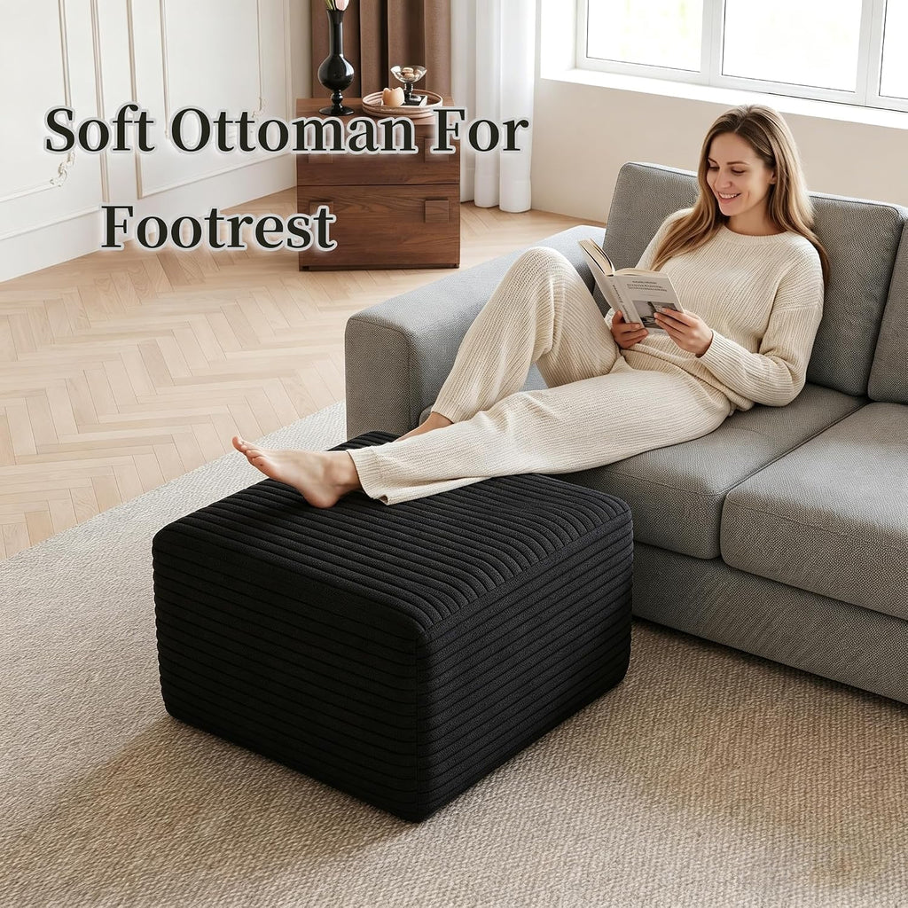 25.6" Corduroy Ottoman Foot Rest,Plush Memory Foam Couch Ottomans,Boneless Compressed Sofa in a Box for Living Room No Assembly Require,Black
